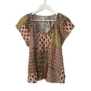 LIVERPOOL TOP WOMENS SMALL PETAL SLEEVE WOVEN GEO PRINT PINK GREEN BLOUSE NEW